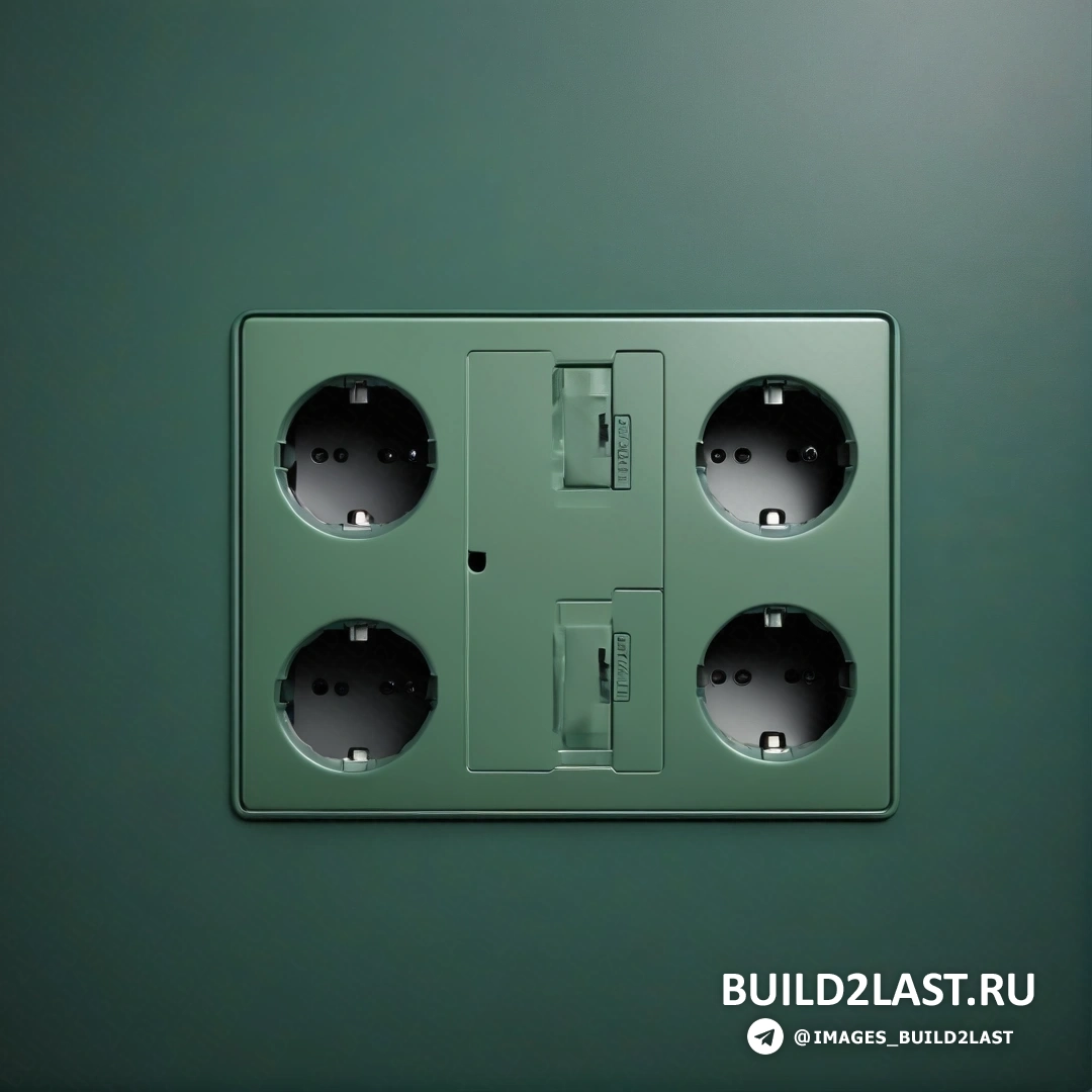 Arbeitsrat für kunst - компьютерная визуализация. Зеленая электрическая розетка с четырьмя розетками по бокам и черно-белой кнопкой сбоку