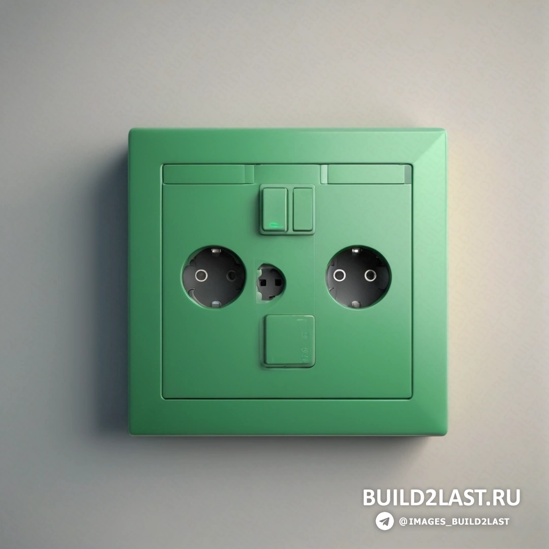 Шок-арт - 3D-рендер. Зеленая электрическая розетка с двумя черными кнопками сбоку и белой стеной за ней с выключателем