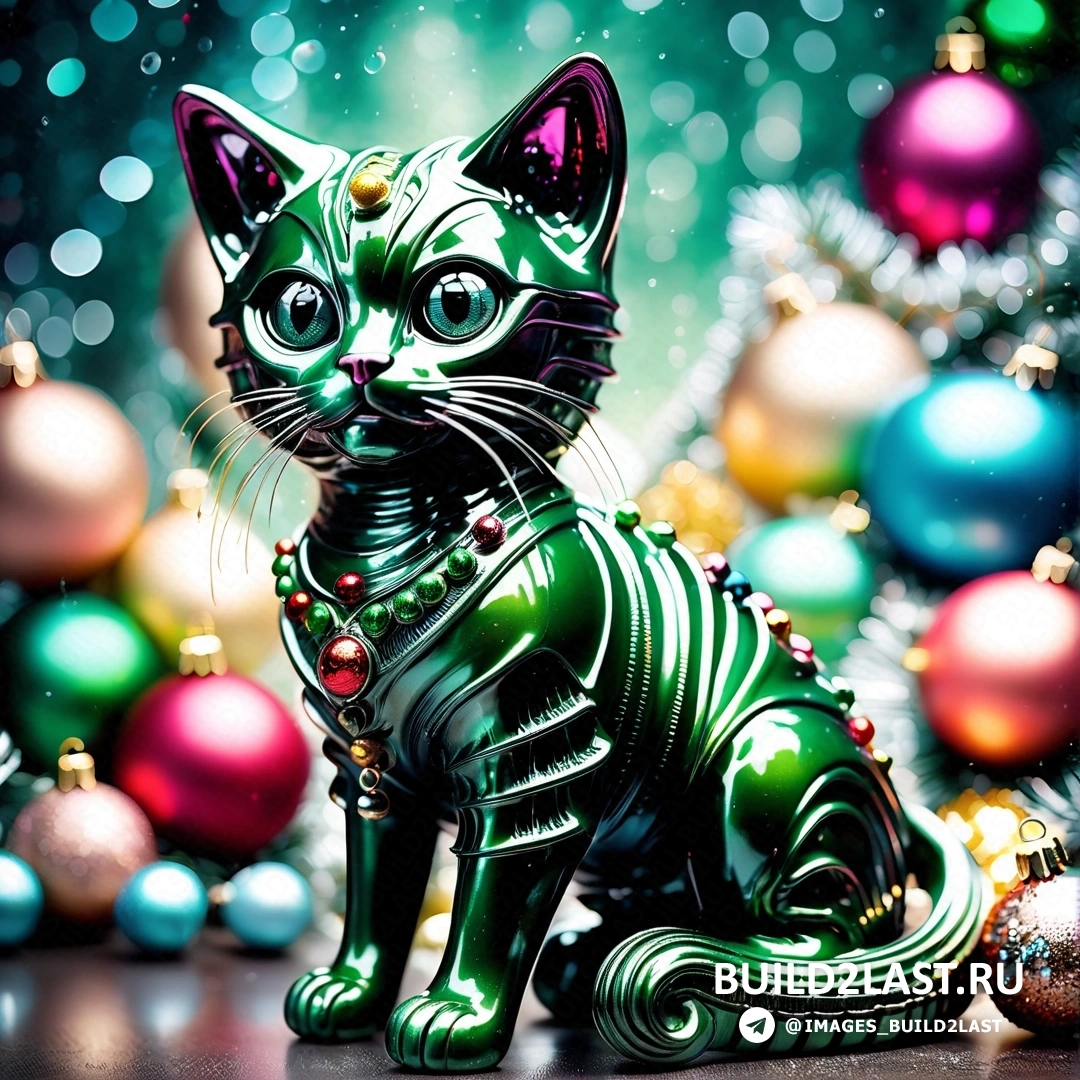 зеленая фигурка кошки, перед рождественской елкой с украшениями и зеленым фоном