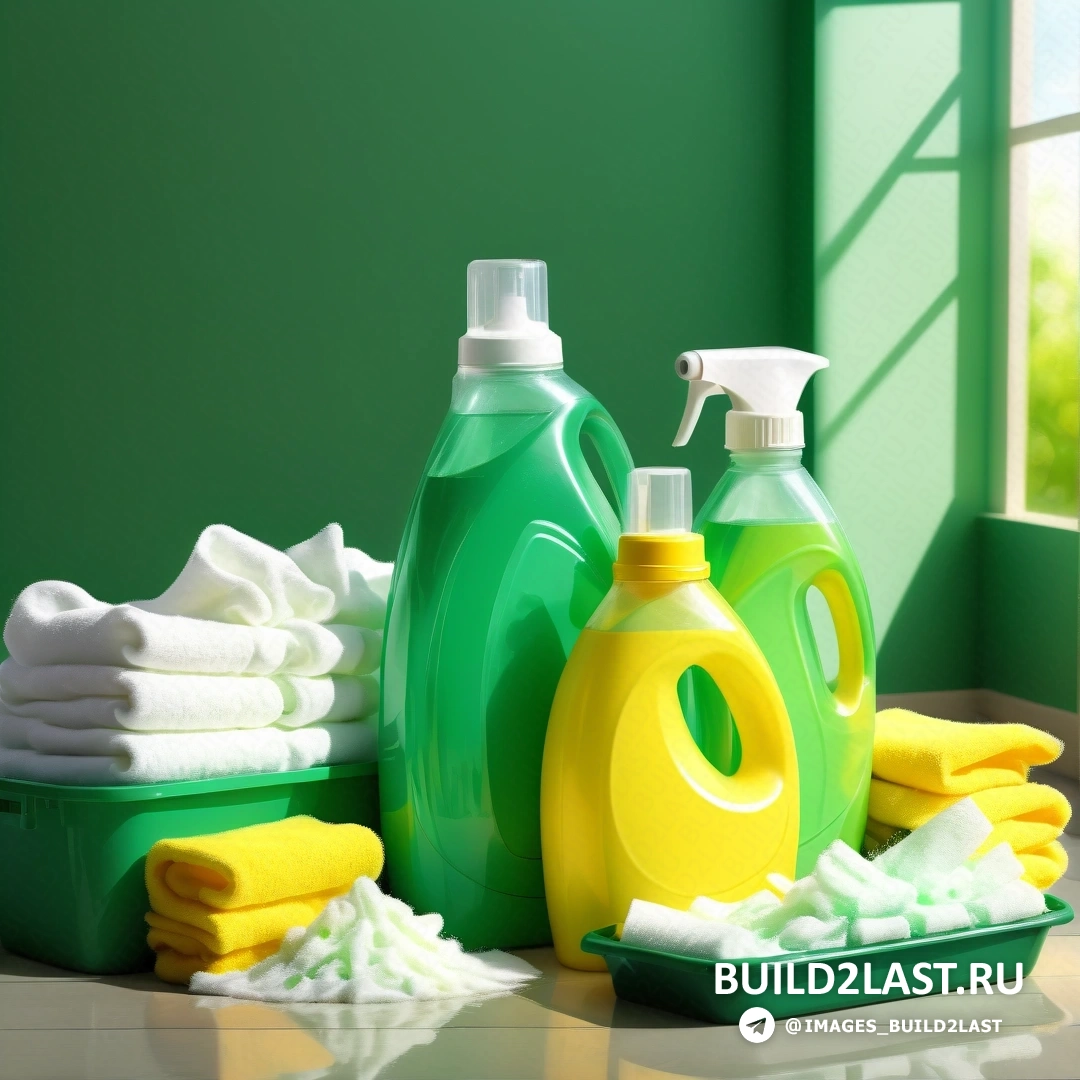 Фотореализм - рендер Ambient occlusion. Зеленая комната с зеленой стеной и зелеными чистящими средствами на полу.