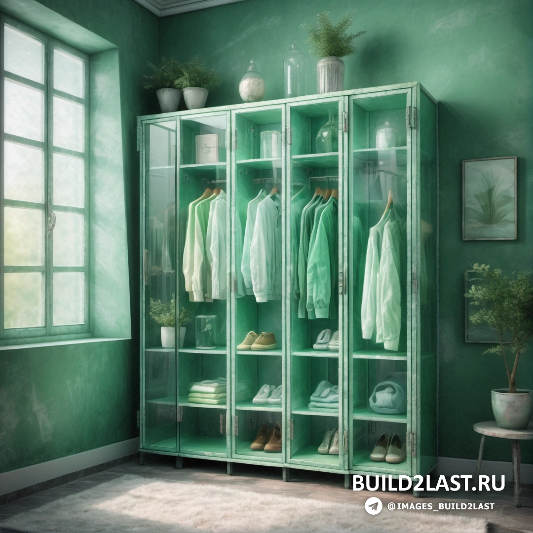 Фотореализм - цифровой рендеринг. Зеленая комната с зеленой стеной, зеленым шкафом с одеждой и белым стулом перед ним.