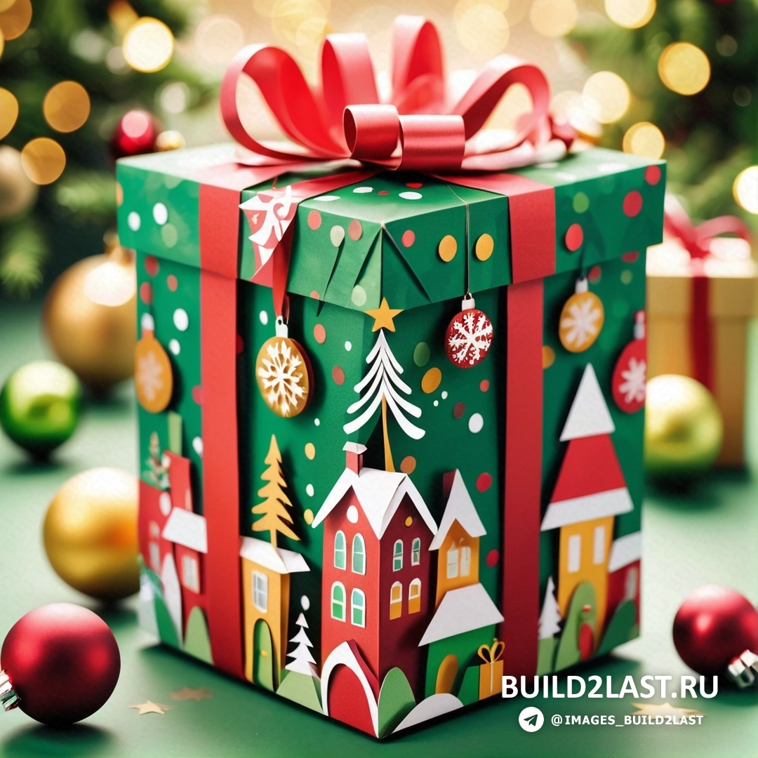 зеленая коробка для рождественского подарка с красным бантом и рождественской елкой с орнаментом 