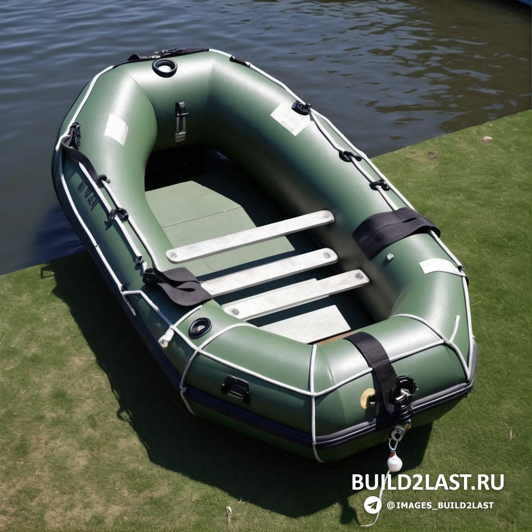 Plasticien - 3D рендер. Зеленая лодка привязана к причалу веревкой на траве у воды.