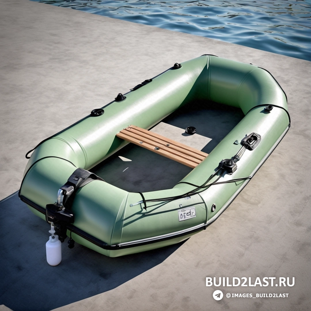 Фотореализм - 3D рендер. Зеленая лодка с деревянным сиденьем на кромке воды рядом с причалом со скамейкой на ней.