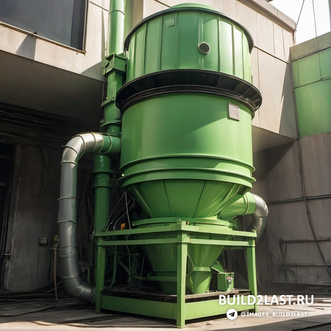 Экологическое искусство - цифровой рендеринг. Зеленая машина стоит снаружи здания, из ее боковой части выходит большая труба.