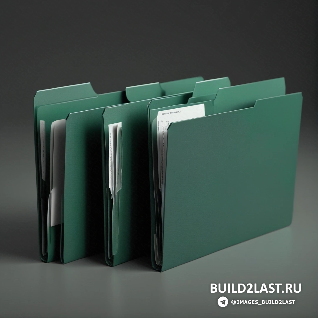 Концептуальное искусство - компьютерный рендеринг. Зеленая папка с торчащей из стороны ручкой и папкой с прикрепленным к ней планшетом