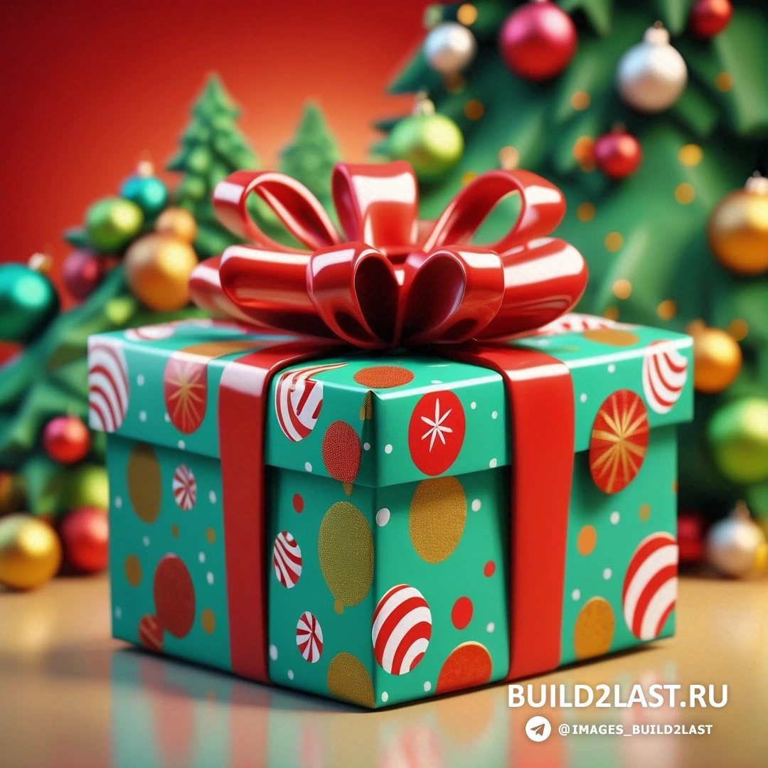зеленая подарочная коробка с красным бантом и рождественской елкой с орнаментом и красной лентой