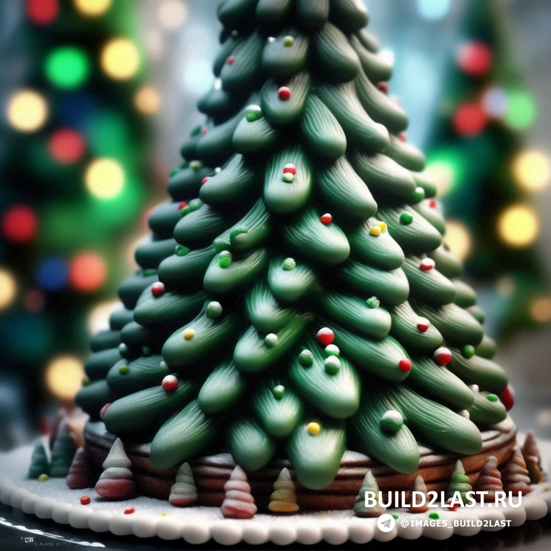 зеленая рождественская елка на тарелке с огнями и размытым фоном за ней