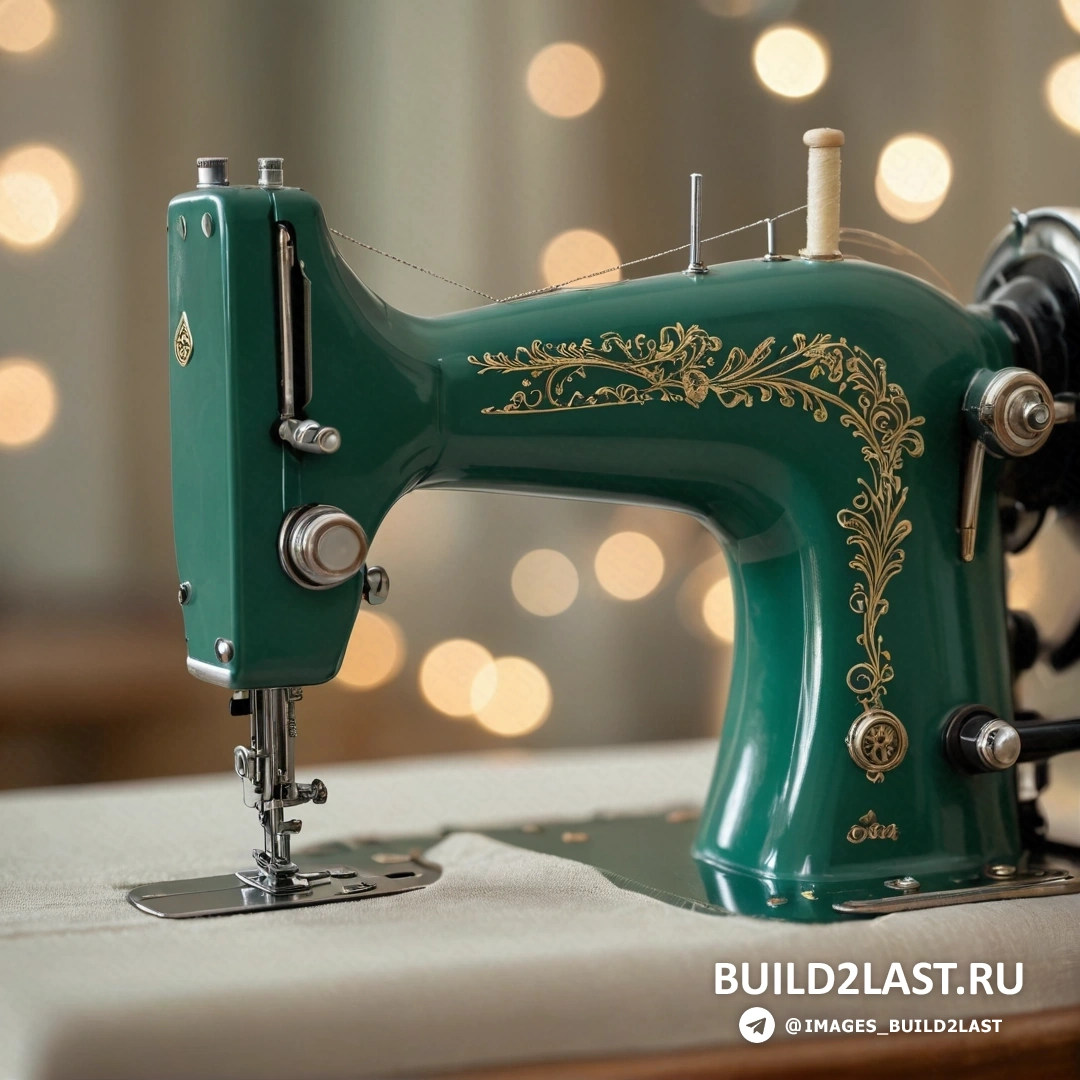 Движение искусств и ремесел - вышивка крестом. Зеленая швейная машинка на столе рядом с белой скатертью, накрытой скатертью, с огнями позади нее