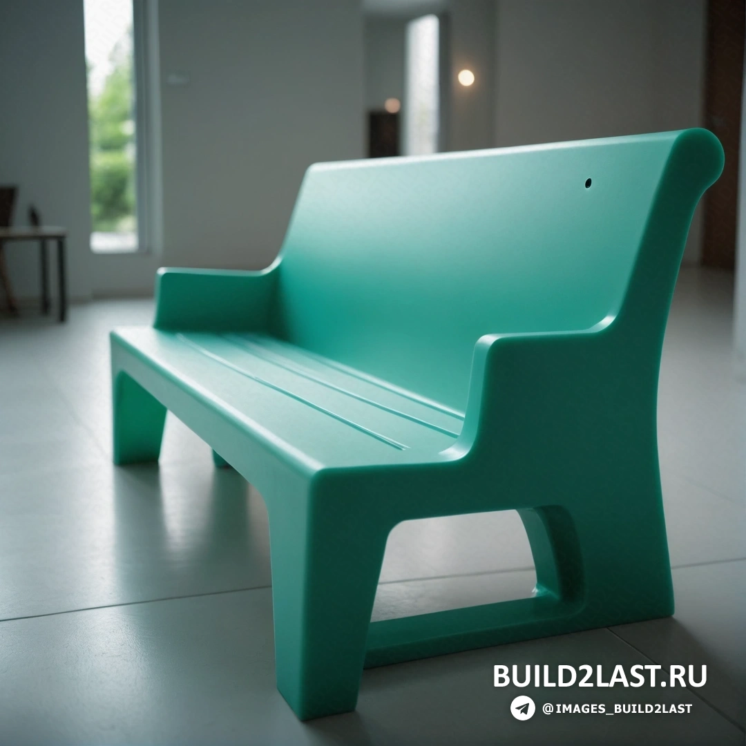 Пластика - 3D рендер. Зеленая скамейка в комнате рядом с окном и столом со стулом на нем и столом с лампой