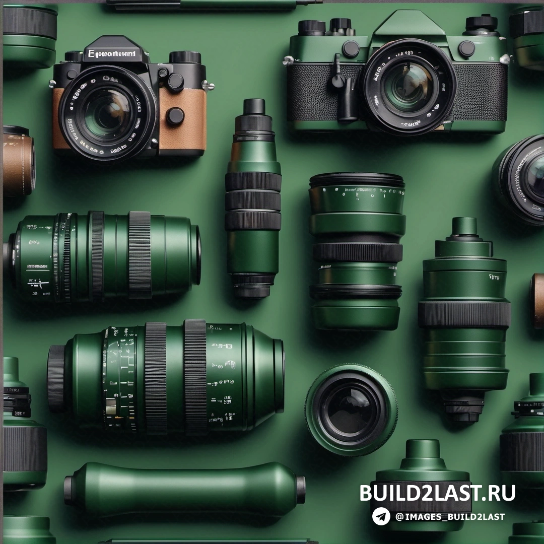 Художественная фотография - стоковое фото. Зеленая стена с множеством различных камер и объективов.
