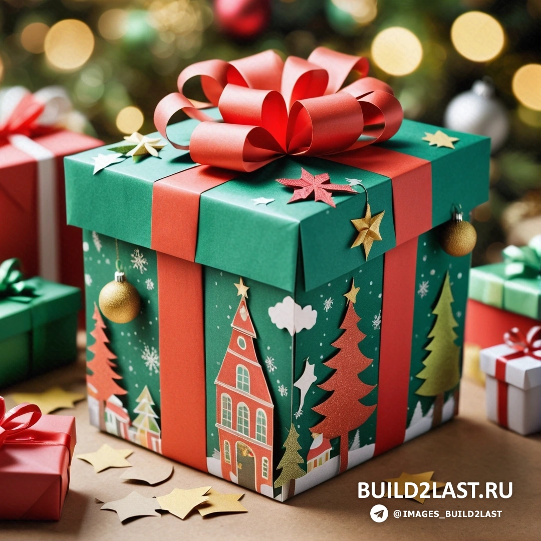 зелено-красная подарочная коробка с красным бантом и рождественская елка с золотыми звездами