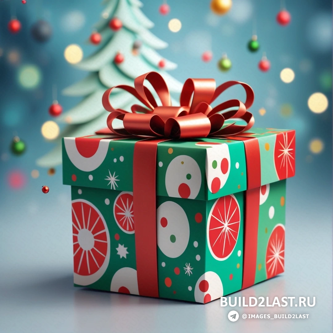 зелено-красная подарочная коробка с красным бантом и рождественской елкой с огнями и украшениями