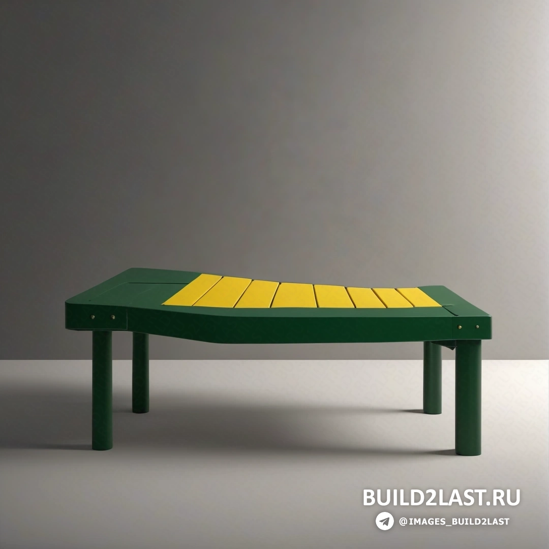 De stijl - цифровая рендеринг. Зелено-желтая скамейка на белом полу рядом со стеной