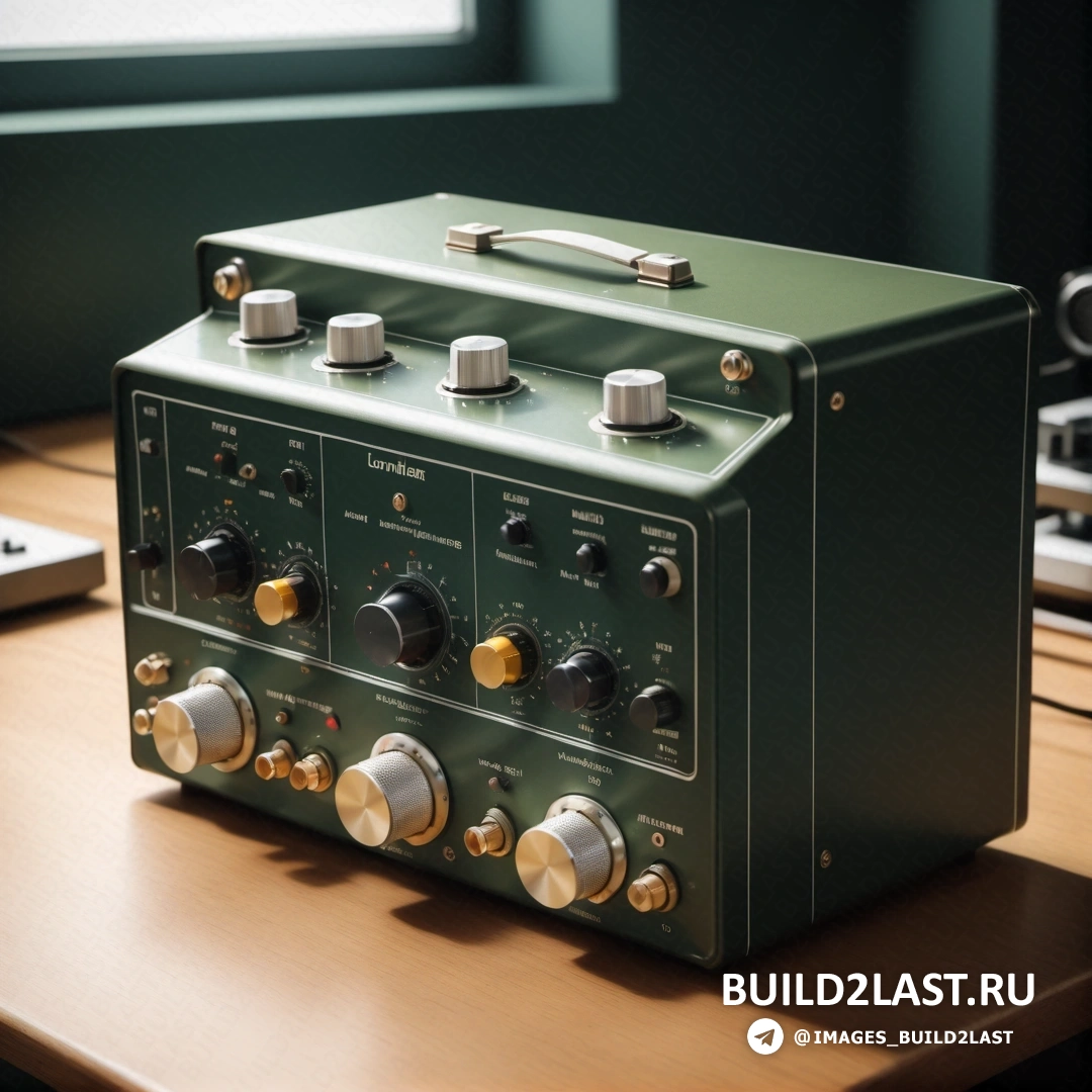 Постминимализм - 3D рендер. Зеленое радио на деревянном столе рядом с окном и пульт дистанционного управления на столе.