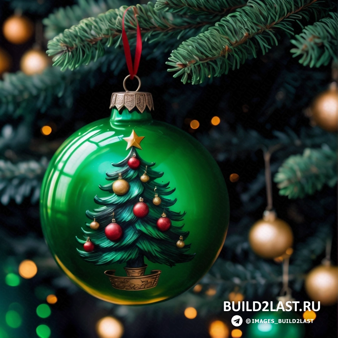 зеленое рождественское украшение, свисающее с рождественской елки с огнями