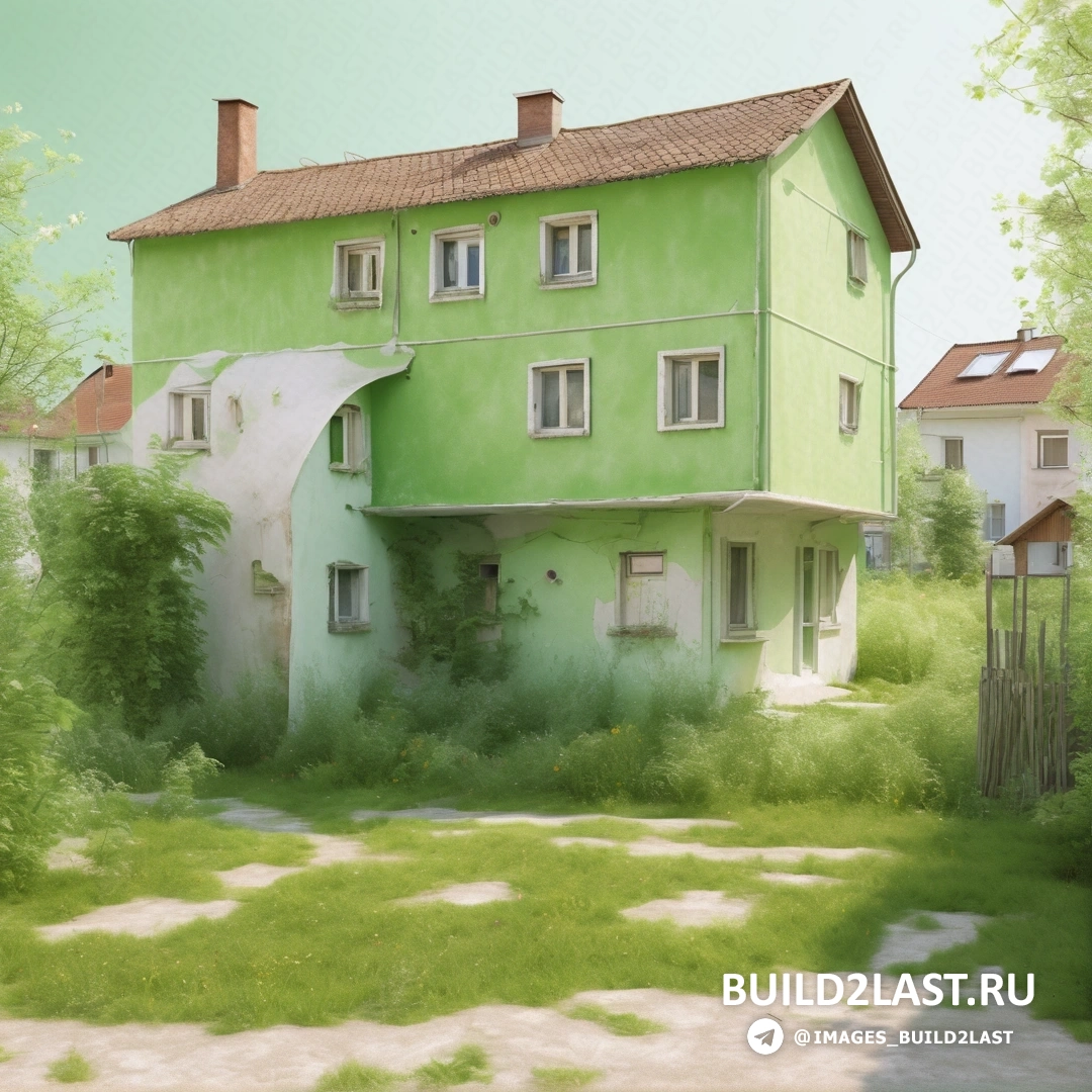 Фотореализм - матовая покраска. Зеленый дом с красной крышей, белой стеной, окнами, зеленой лужайкой, деревьями и кустами.