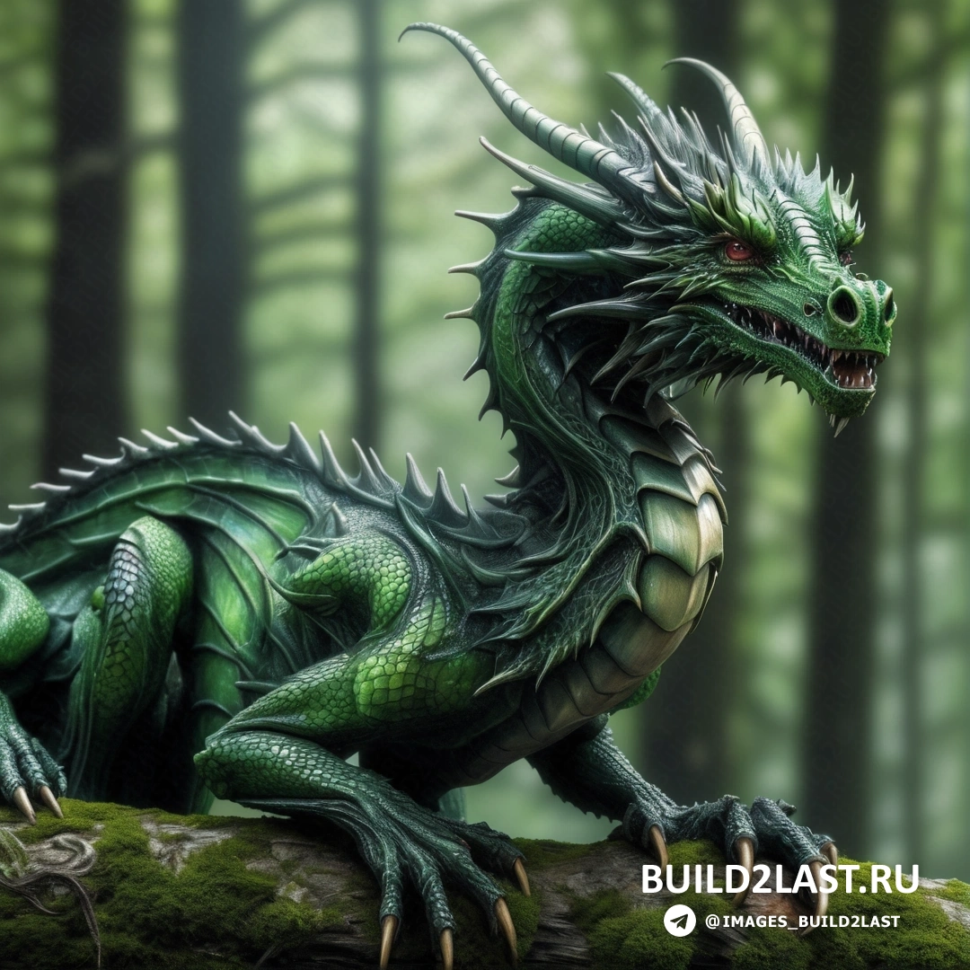 зеленый дракон, на бревне в лесу с деревьями и зеленым фоном с несколькими листьями