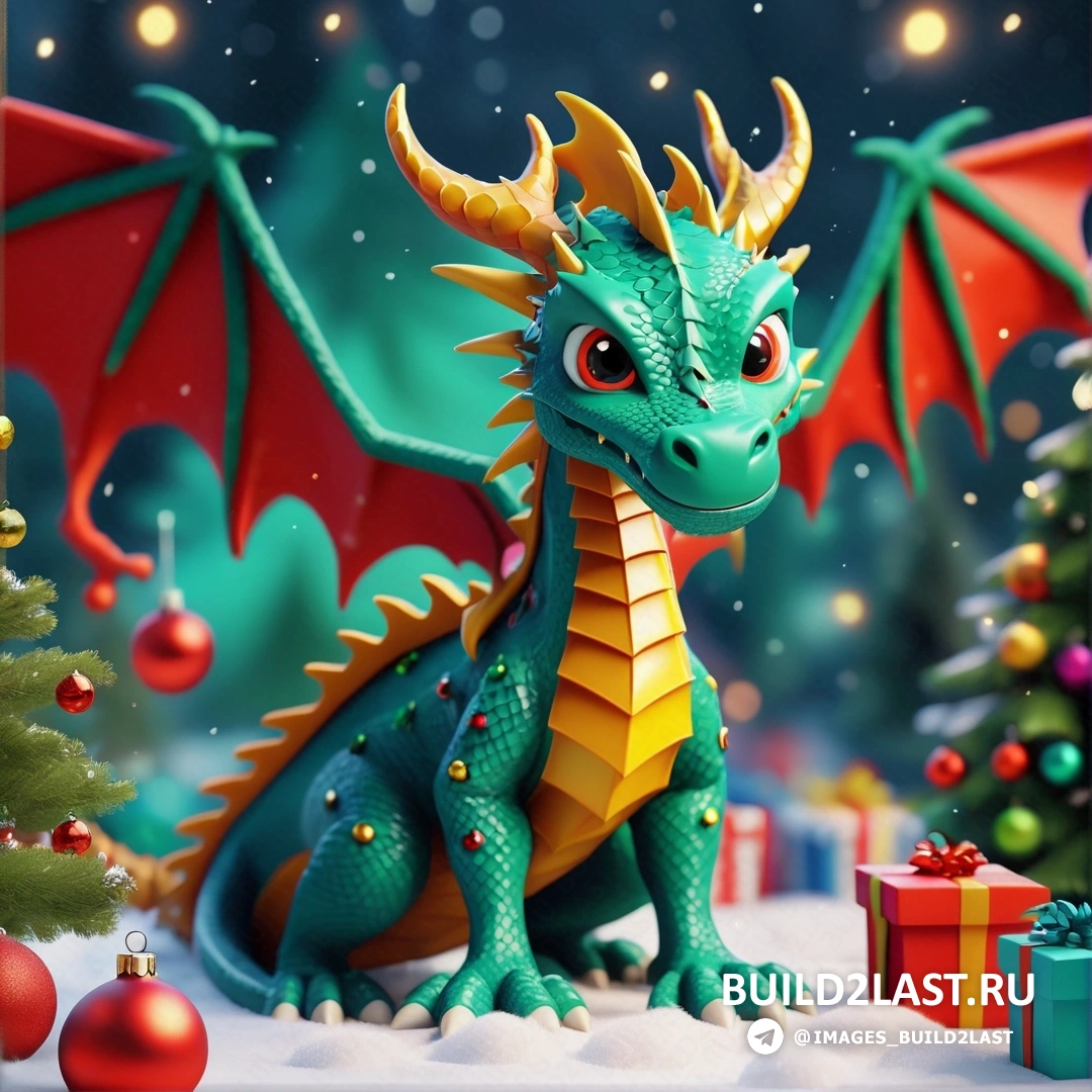 зеленый дракон рядом с рождественской елкой с подарками и рождественская елка