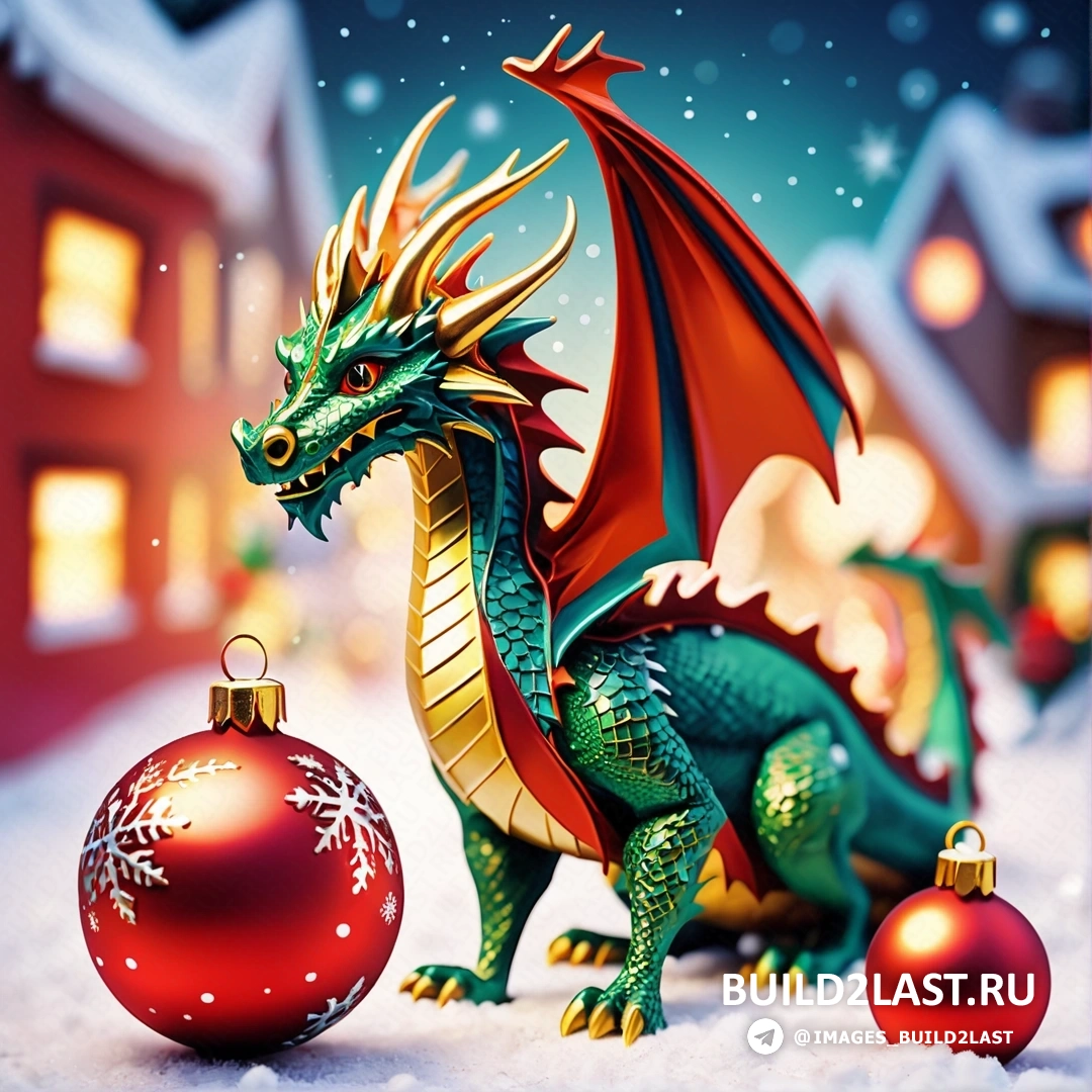 зеленый дракон рядом с красным орнаментом и красный рождественский орнамент на заснеженной поверхности