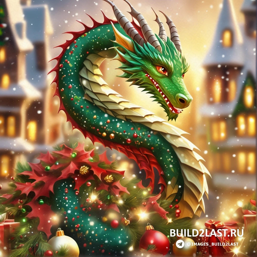 зеленый дракон с красными рогами и рождественская елка перед замком с подарками