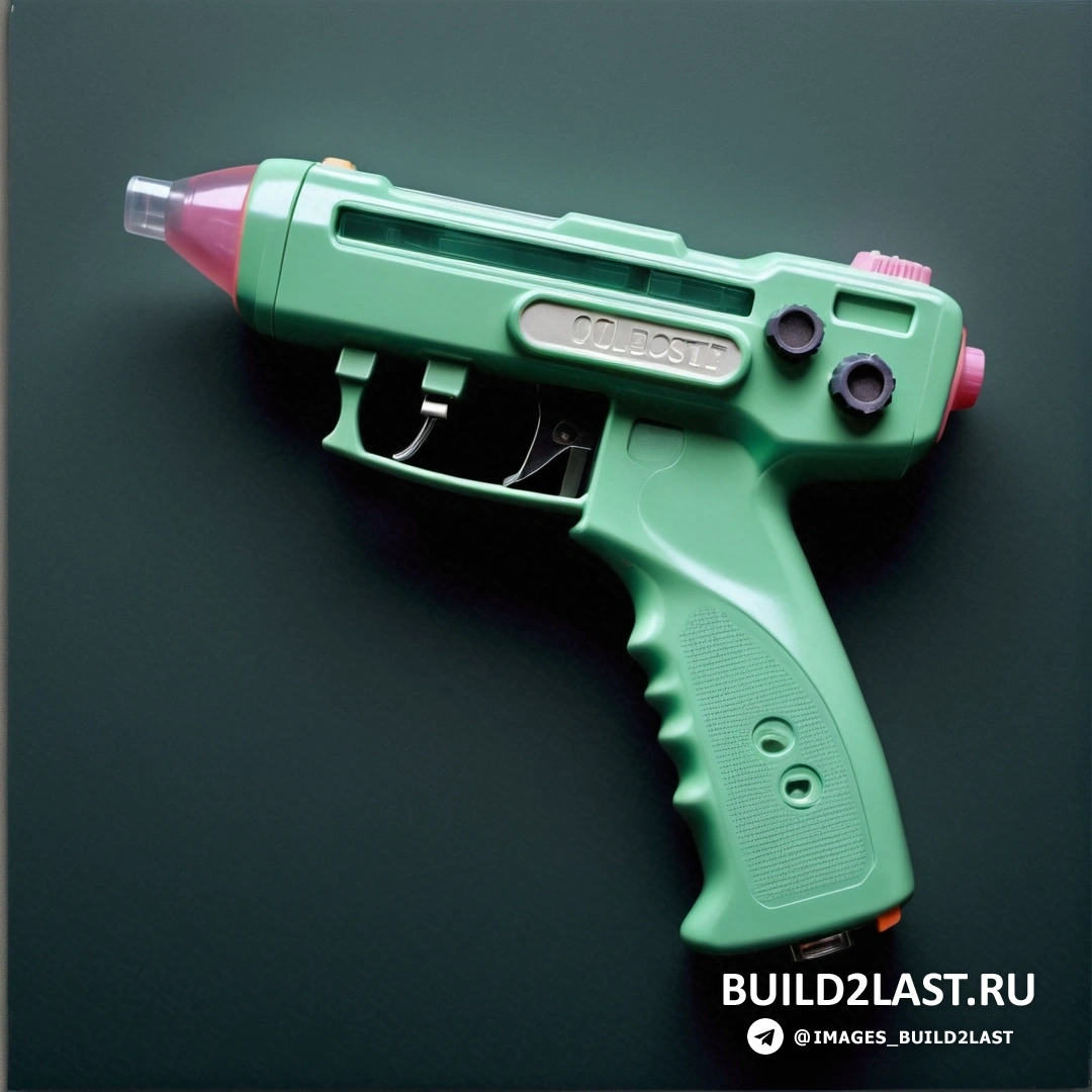 Прецизионизм - покраска аэрографом. Зеленый игрушечный пистолет с розовым наконечником лежит на черной поверхности с зеленым фоном.