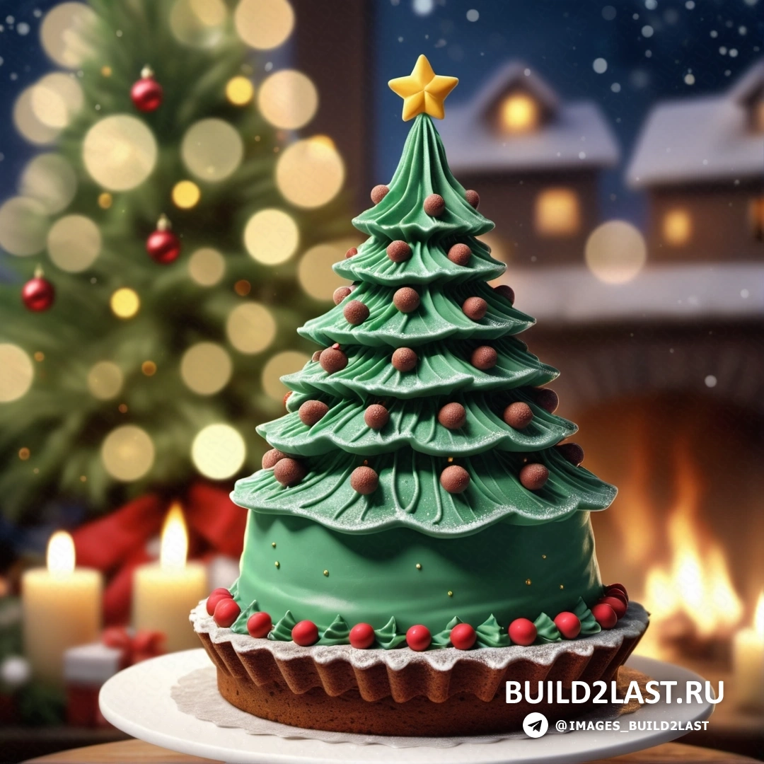 зеленый кекс в форме рождественской елки на тарелке