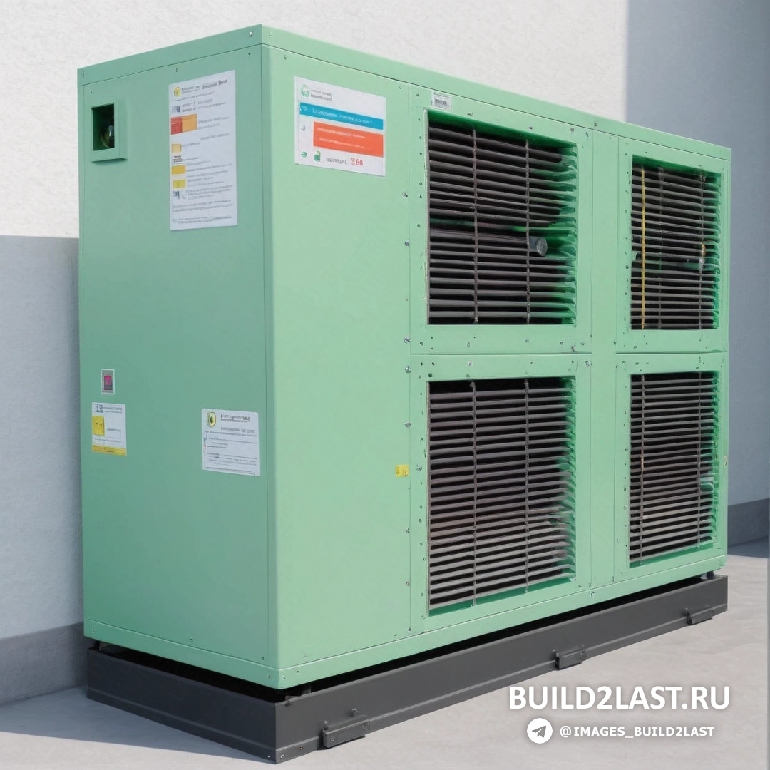 Артинформель - цифровой рендеринг. Зеленый кондиционер на цементном полу рядом со стеной и зданием с вывеской на нем.