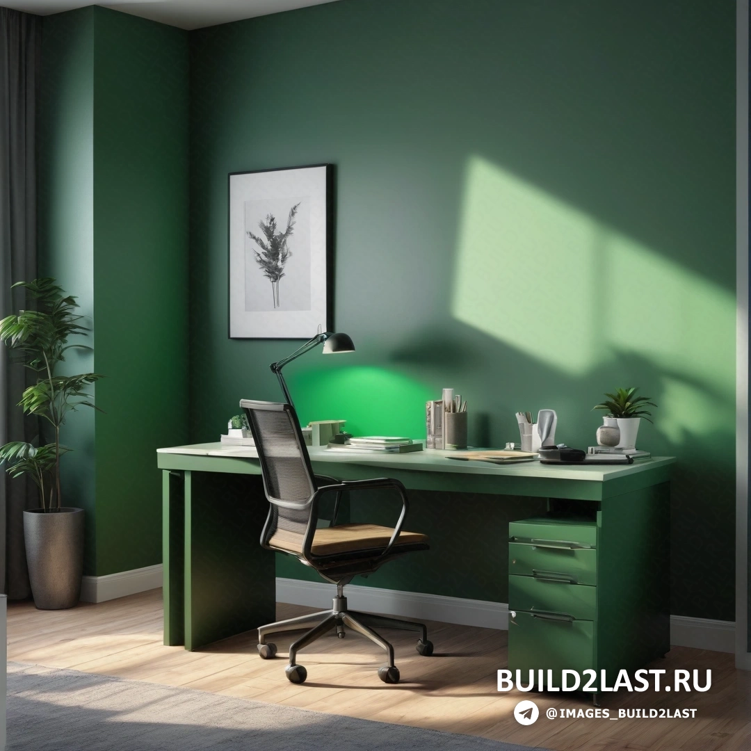 Постминимализм - 3D-рендер. Зеленый офис со столом и стулом в комнате с окном и растением в горшке на столе