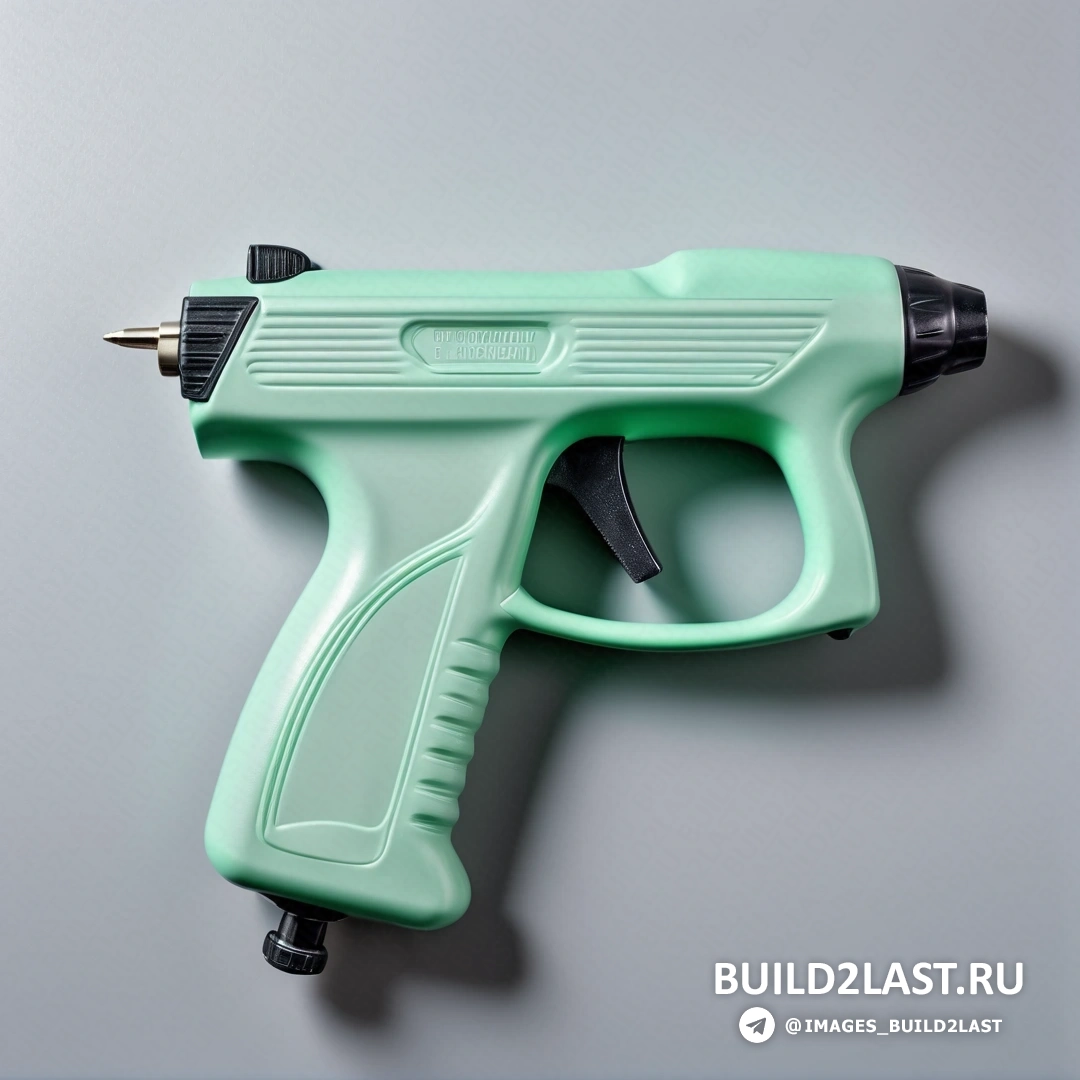 Прецизионизм - покраска аэрографом. Зеленый пистолет лежит на серой поверхности с черным наконечником на кончике наконечник направлен в сторону камеры