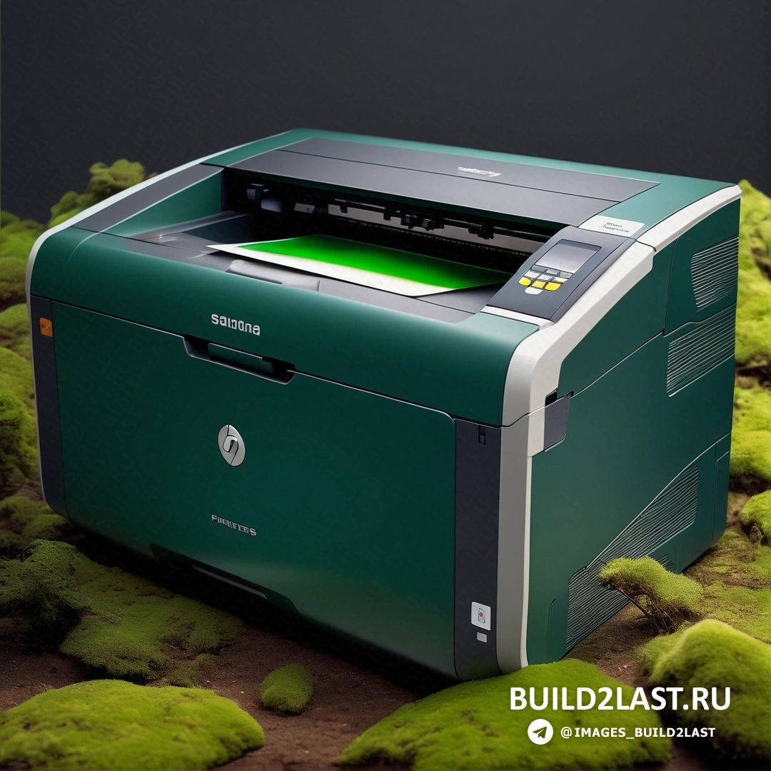 Фотореализм - 3D рендер. Зеленый принтер на зеленом участке травы рядом с черной стеной.