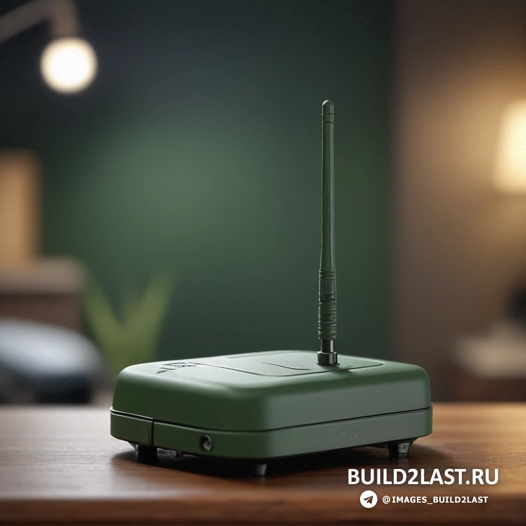 Постминимализм - фотография с наклоном и сдвигом. Зеленый радиоприемник на деревянном столе рядом с лампой и кроватью на заднем плане