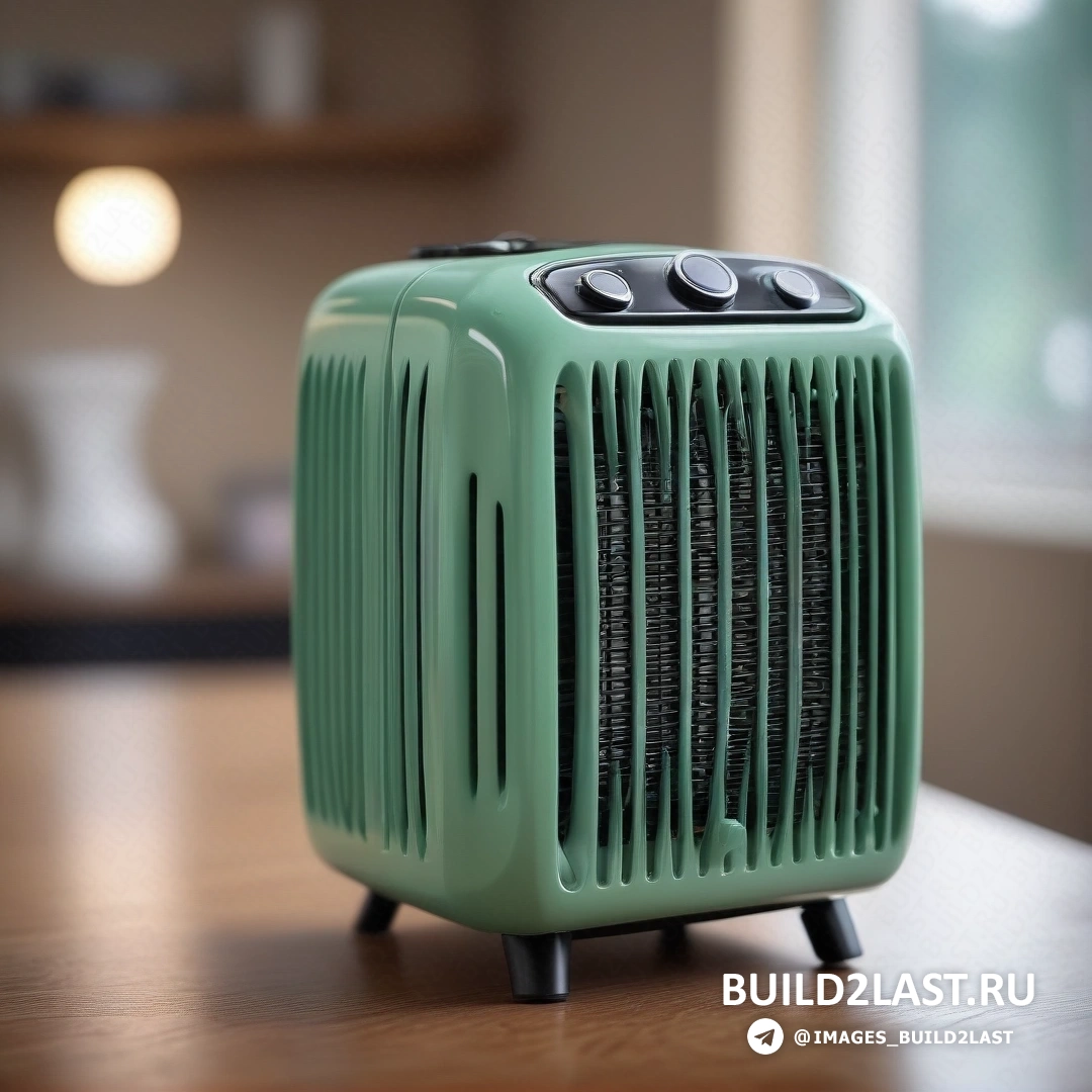 Фотореализм - 3D-рендер. Зеленый радиоприемник на деревянном столе рядом с окном со светом сбоку