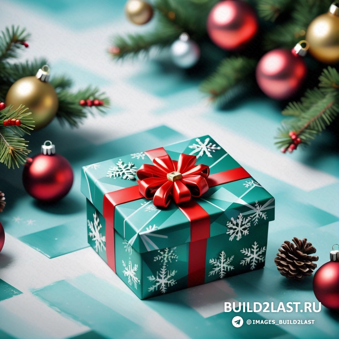 зеленый рождественский подарок с красным бантом и красной лентой на сине-белой клетчатой скатерти