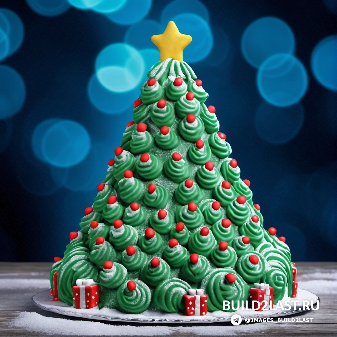 зеленый рождественский торт на тарелке со звездой наверху и синим фоном с огнями