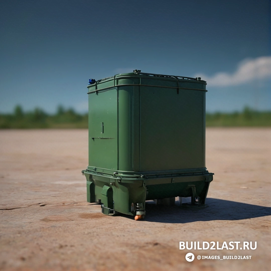 Фотореализм - фотография со сдвигом наклона. Зеленый ящик на земле рядом с лесом деревьев и голубым небом