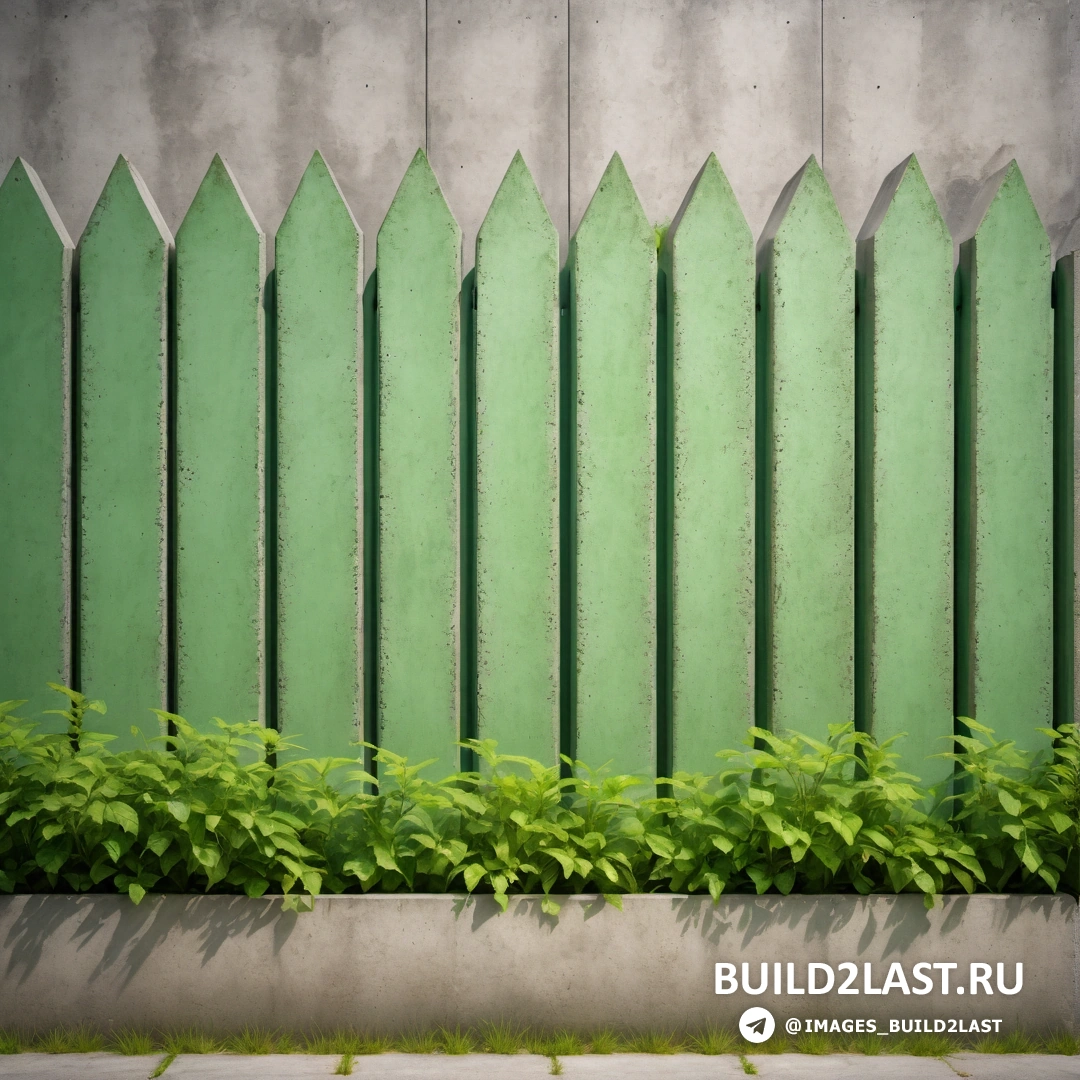 Фотореализм - рендер Ambient occlusion. Зеленый забор, между которым растет растение, и бетонная стена за ним с зеленым горшком.