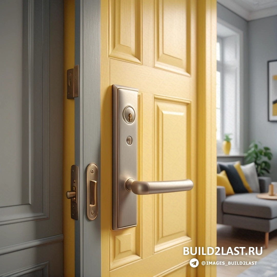 Фотореализм - 3D рендер. Желтая дверь с ручкой в гостиной с диваном и окном на заднем плане.