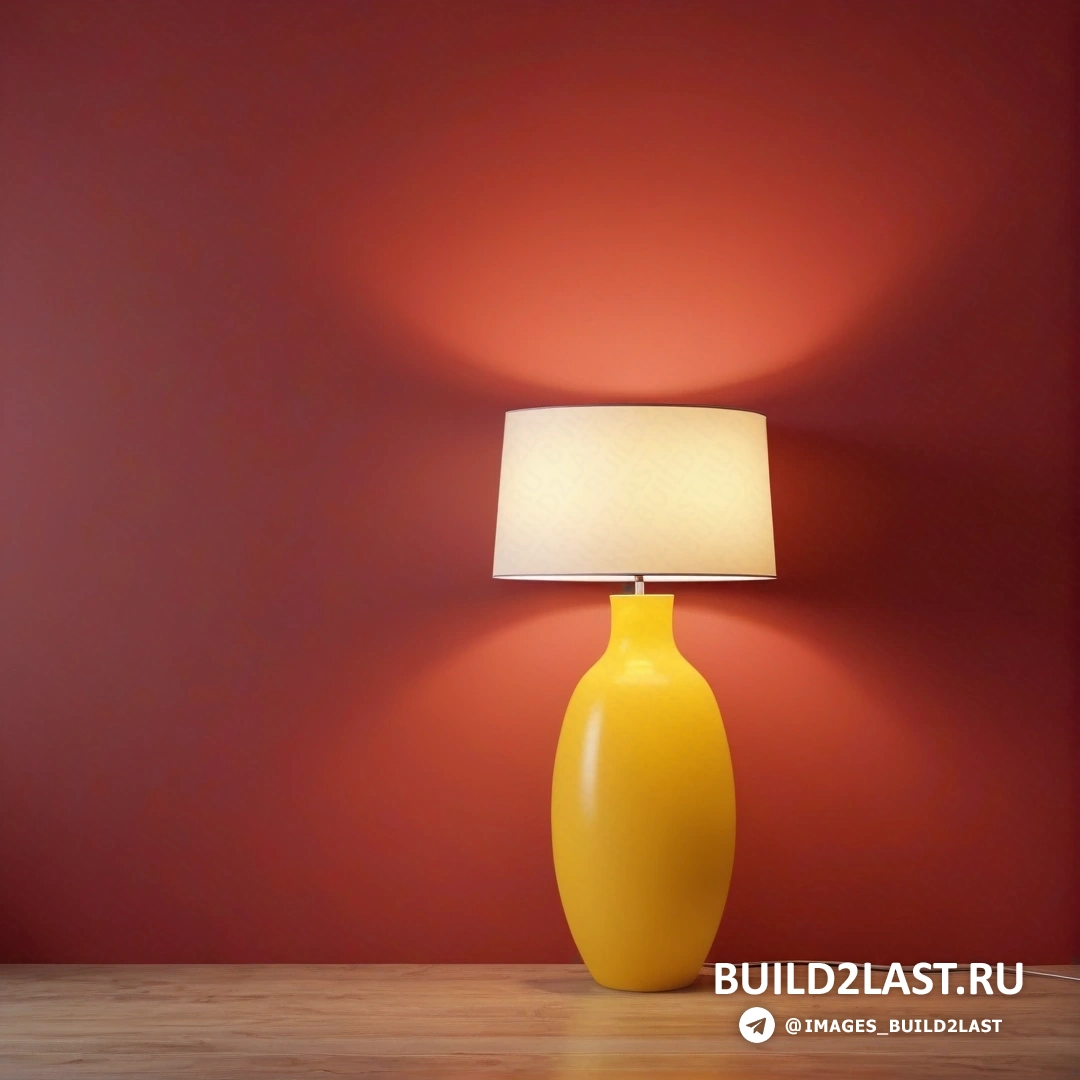 Фотореализм - сверхтонкая детальная живопись. Желтая лампа на деревянном столе с красной стеной на заднем плане