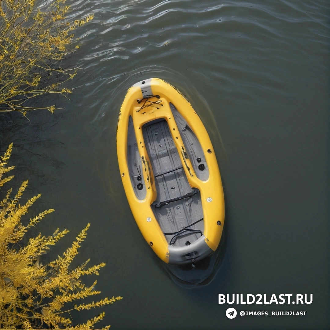 Экологическое искусство - фотография со сдвигом наклона. Желтая лодка плывет по поверхности озера рядом с пышным зеленым лесом, покрытым желтыми цветами и листвой