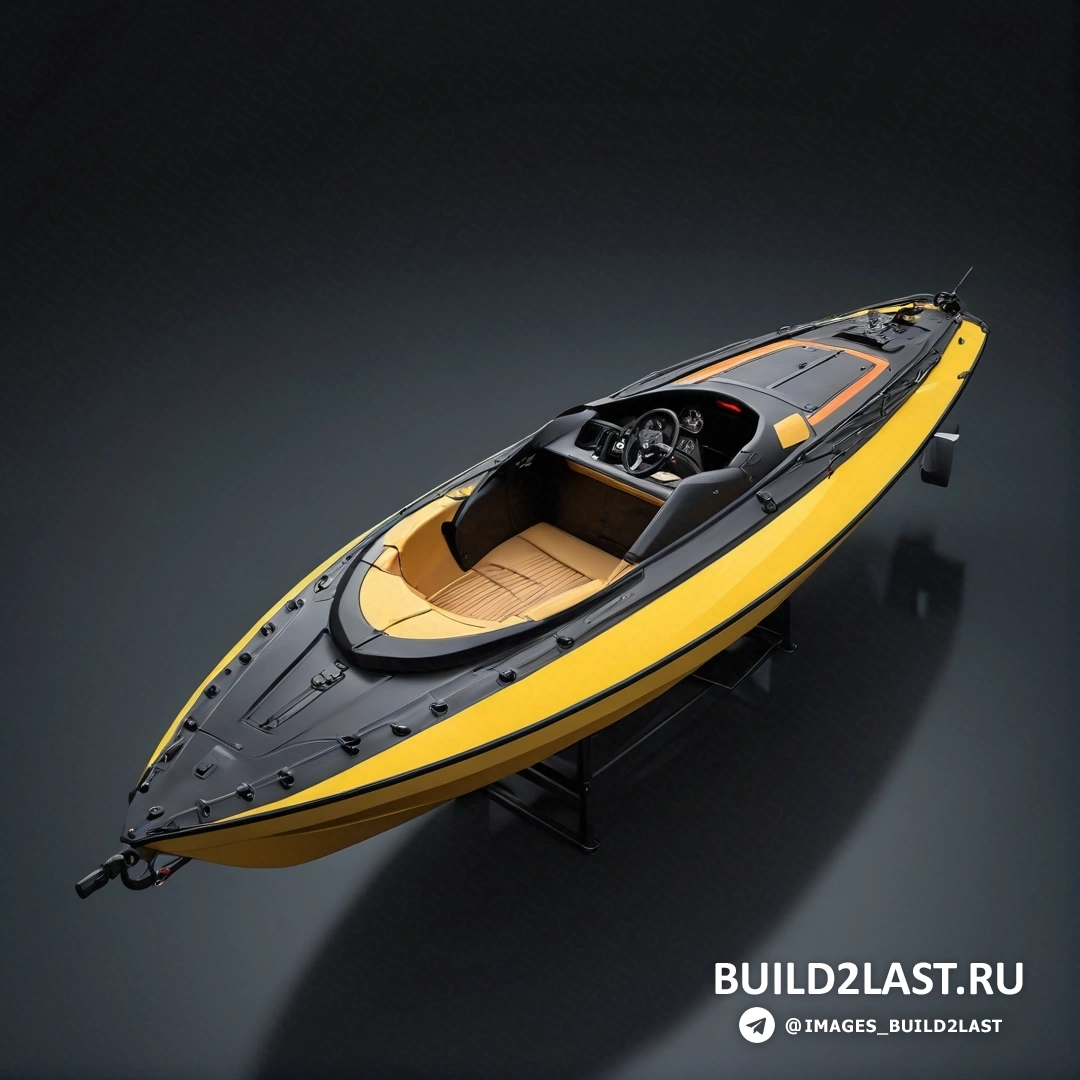 Фотореализм - 3D-рендеринг. Желто-черная лодка с черным сиденьем на черном фоне
