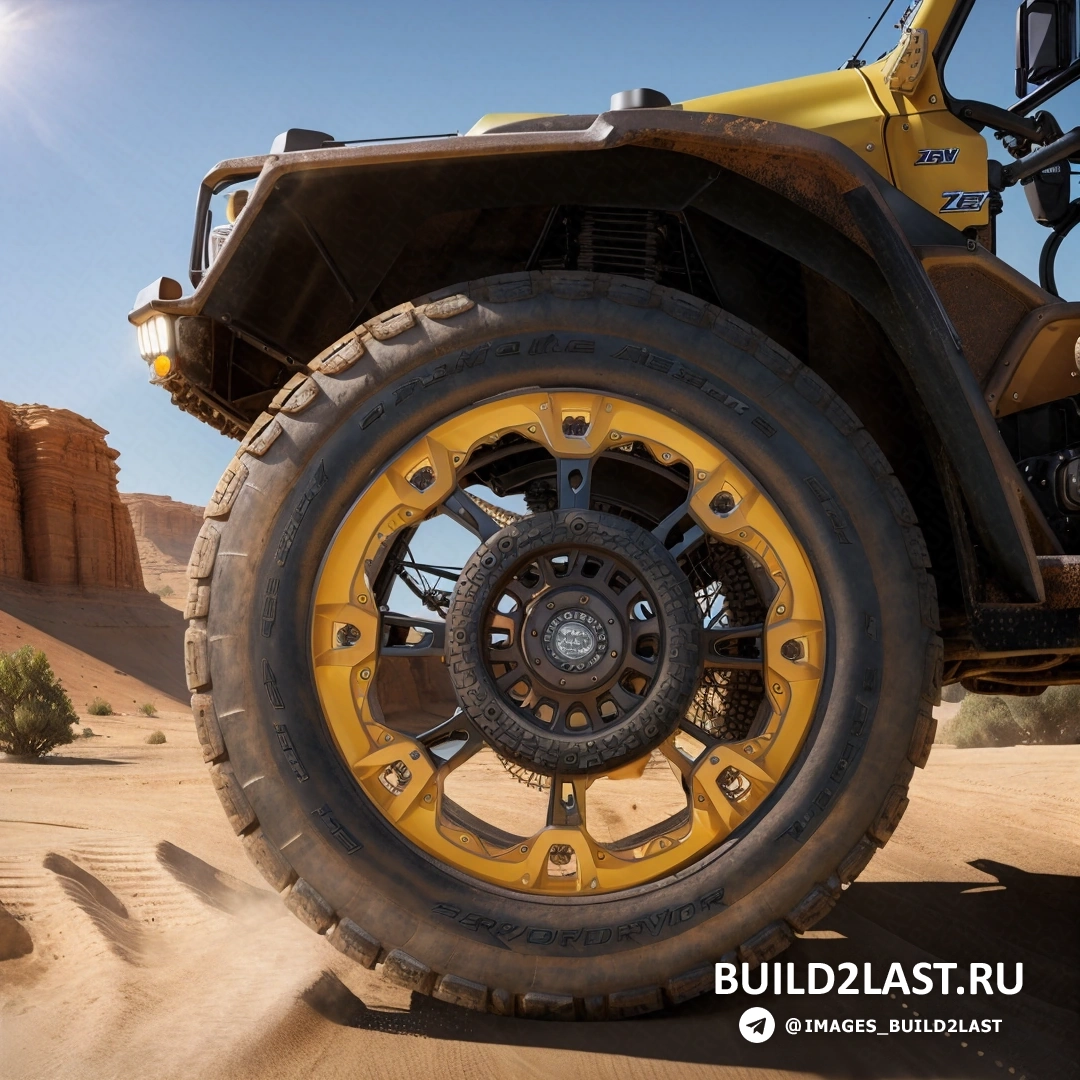 Build2Last: фотореализм - компьютерный рендеринг. желто-черный автомобиль, едущий по пустыне с солнцем и голубым небом над головой