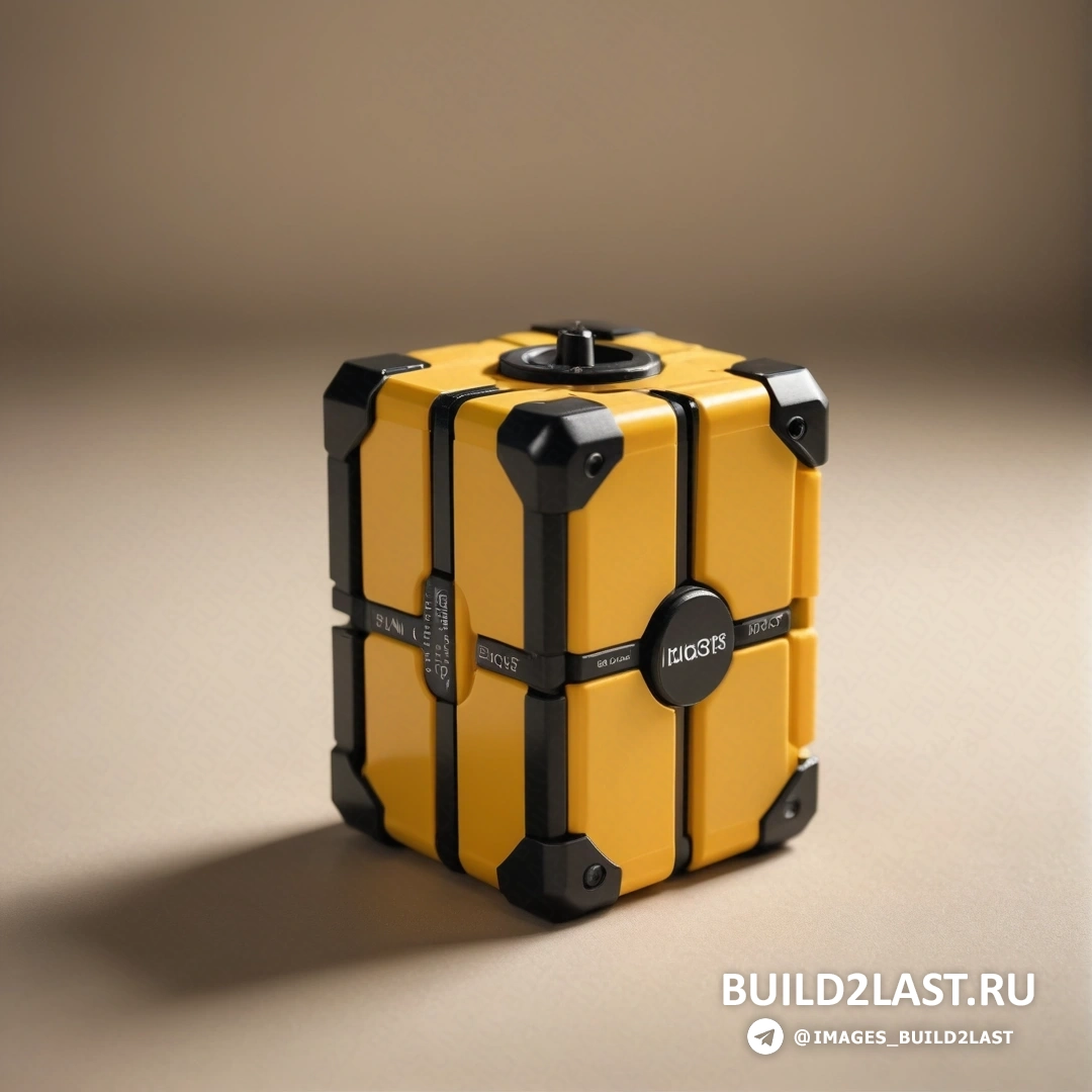Фотореализм - 3D-рендеринг. Желто-черный кубический объект на столе с коричневым фоном