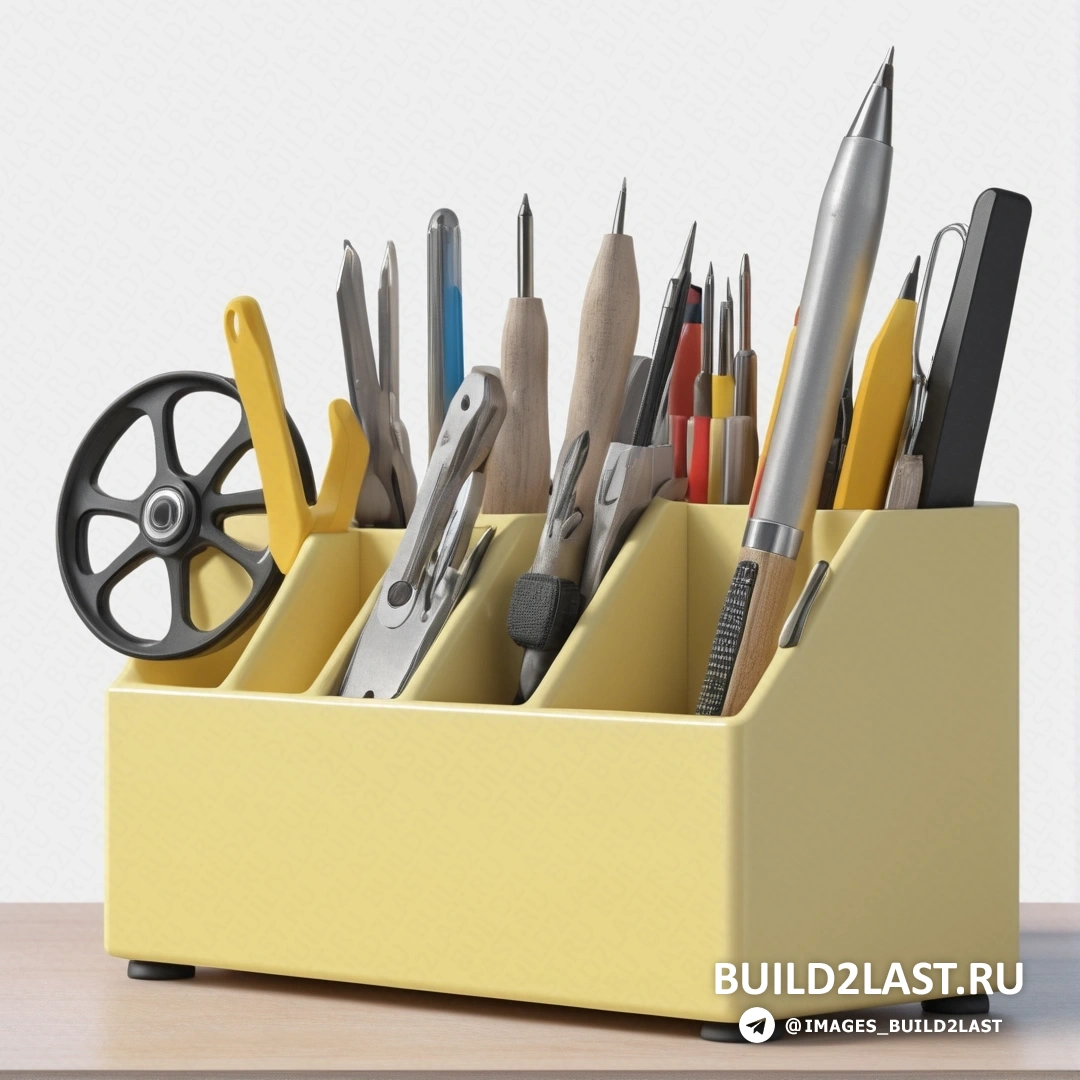 Фотореализм - 3D render. Желтый держатель для ручек с ручками и ножницами в нем на столешнице с белым фоном