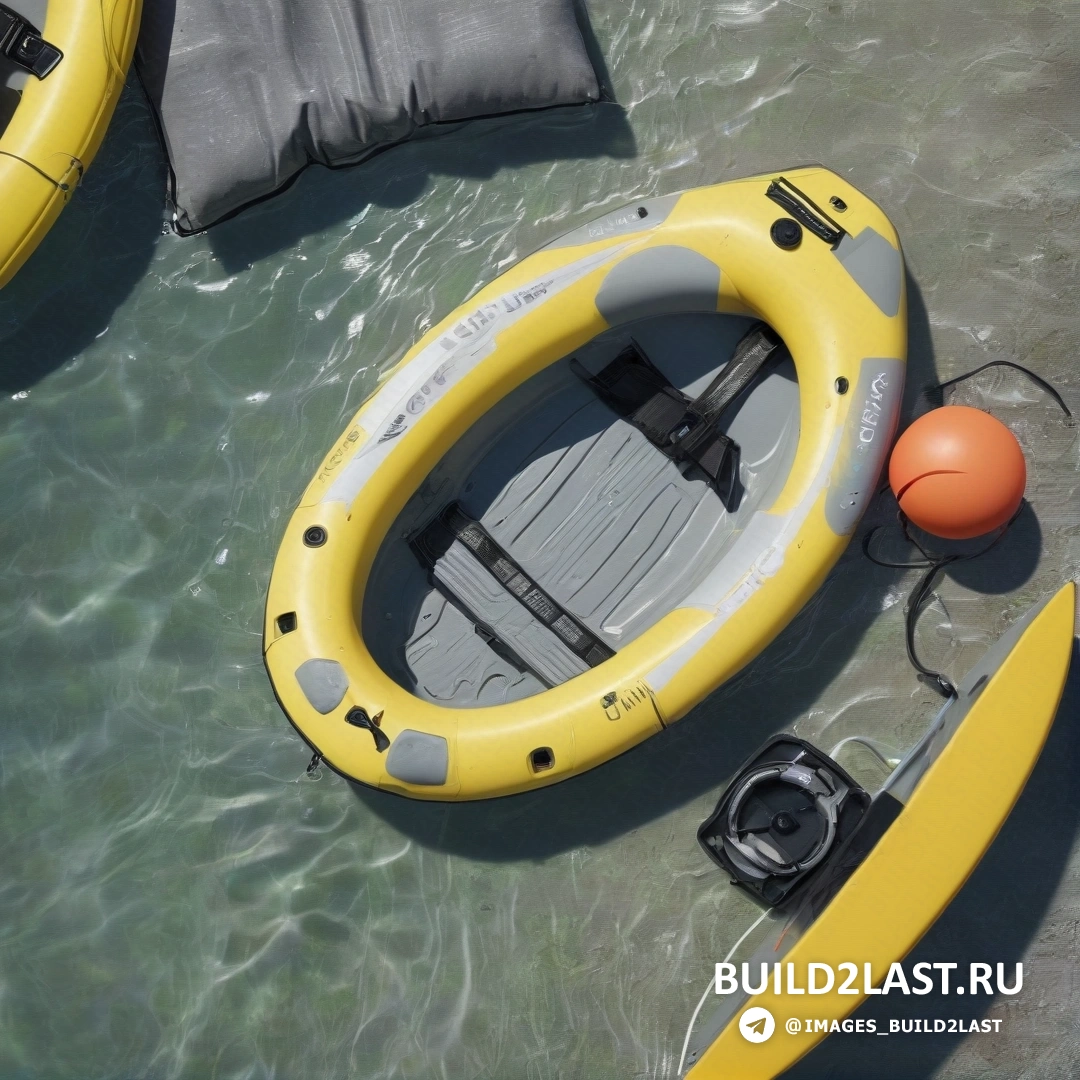 Фотореализм - стоковая фотография. Желтый плот и серый плот в воде со спасательным кругом