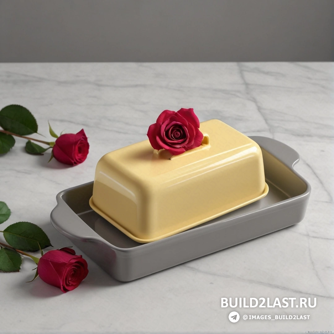 Рококо - 3D-рендер. Желтый торт с красной розой на нем на подносе на мраморном столе