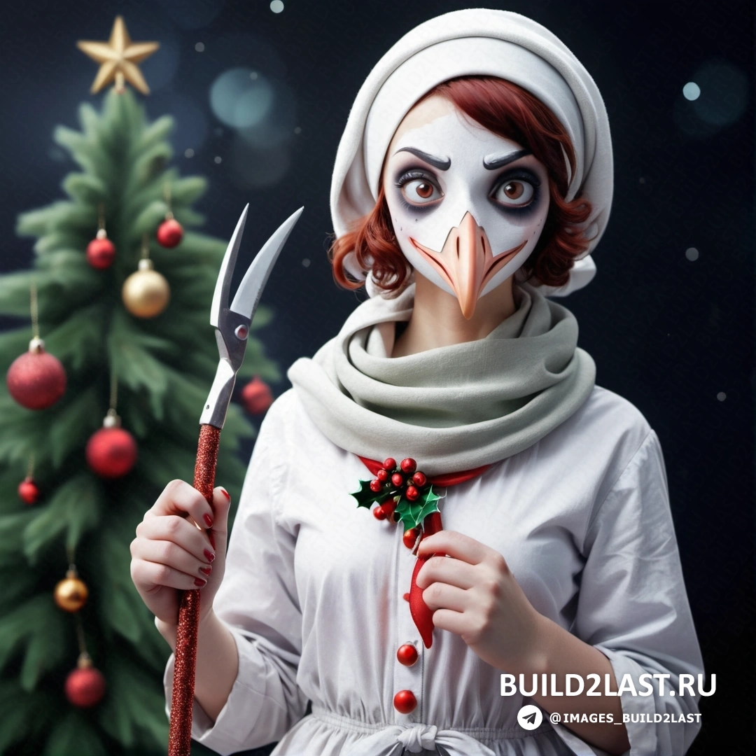 женщина в костюме монахини с большим ножом и рождественской елкой со звездой и искусственной птицей 