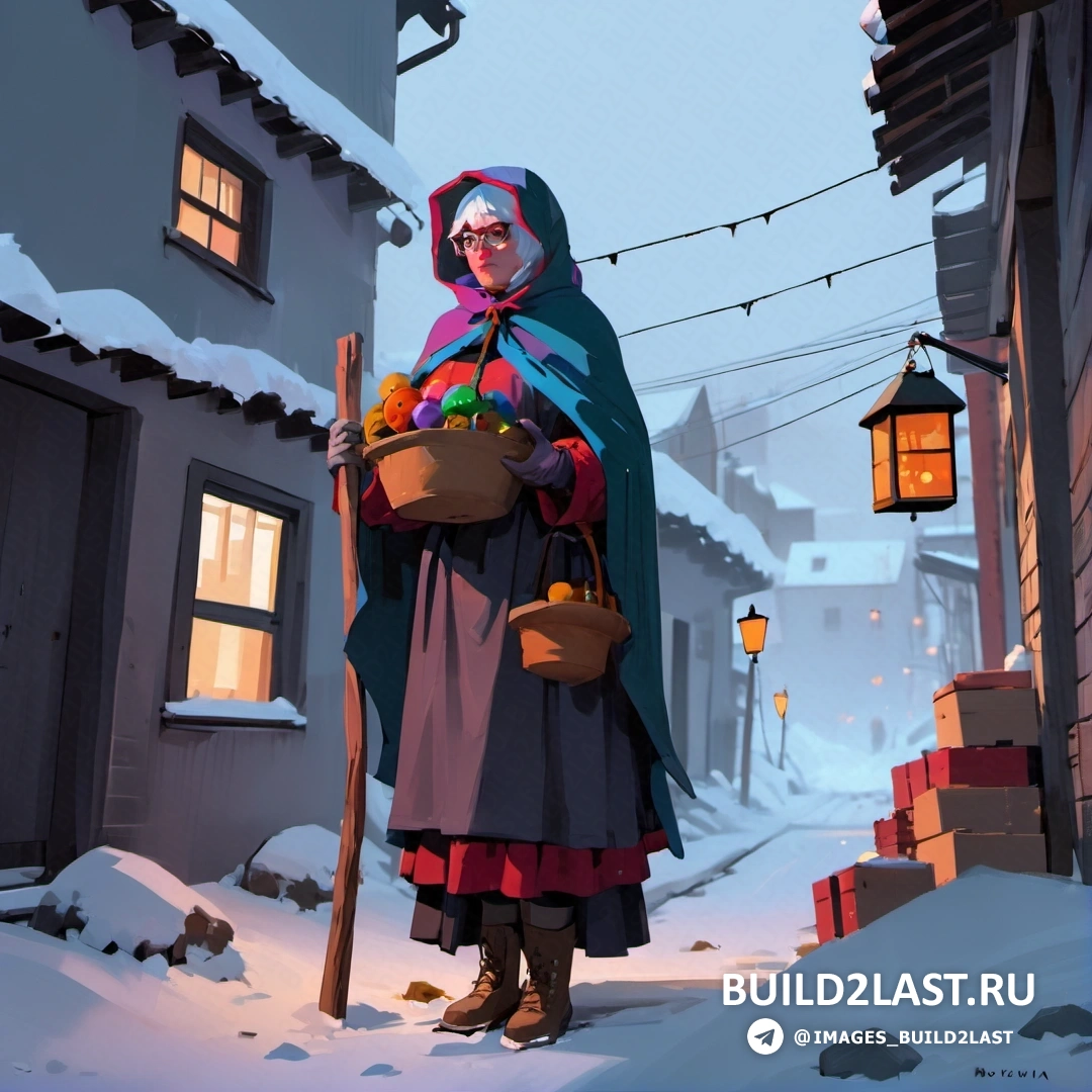 женщина в красочном наряде держит корзину с едой на снегу возле уличного фонаря и здания