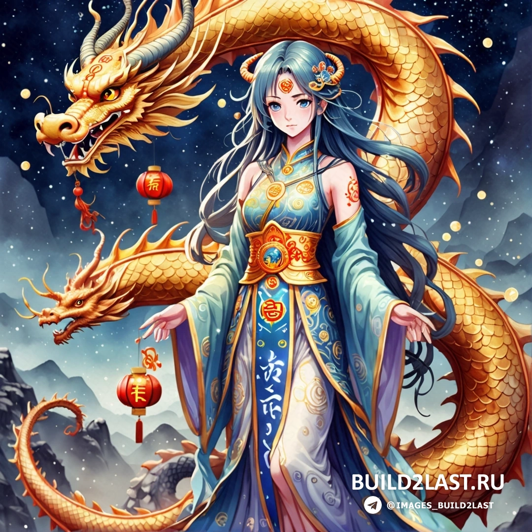 женщина в синем платье держит дракона на руке и гора со звездами
