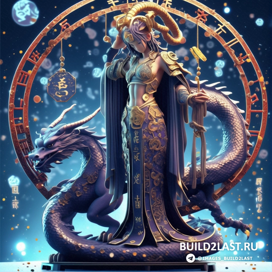женщина в синем платье, стоящая рядом со статуей дракона с золотой головой и рогами